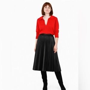 SUNCOO Paris Black Faux Leather Pleated Midi Skirt High Waist NWT Size 1